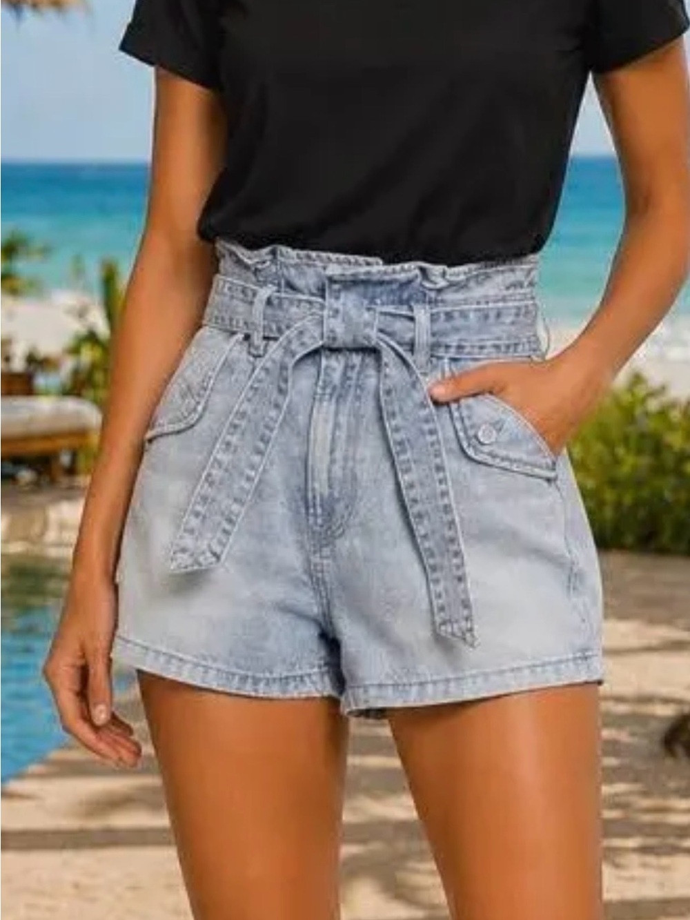 Veronica Beard 'Nori' High-Waist Denim Paper-Bag Shorts, Pebble Stone Size 27